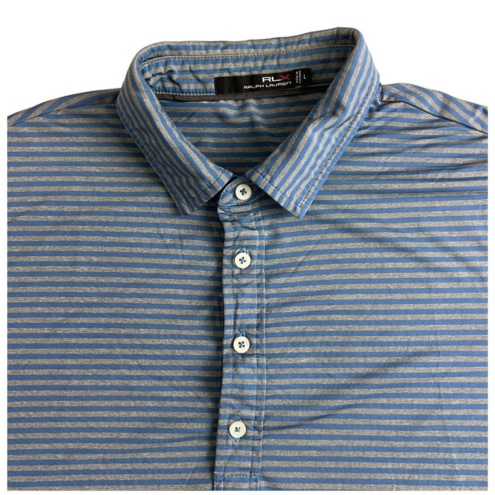 Ralph Lauren Rlx Mens Blue Gray Striped Short Sleeve Collared Polo Shirt Large